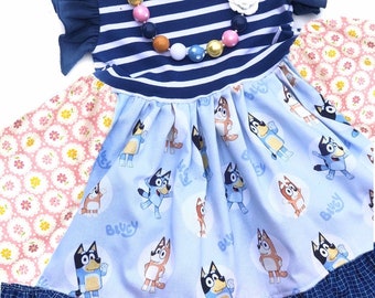 Bluey Dress, Bluey birthday outfit, toddler girls Bluey dresses, Bluey and Bingo dress, Bluey gift for girls 12 month 18 2 3 4 5 6 7 8 10