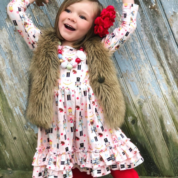 Mädchen Nussknacker Kleid, Weihnachtskleider, Rosa Nussknacker Langarmkleid, Weihnachtskleid