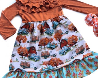 Girls pumpkin patch dress, Girls Thanksgiving dress toddler farm truck dress, Fall farm dresses, Fall portrait dresses 2 3 4 5 6 7 8