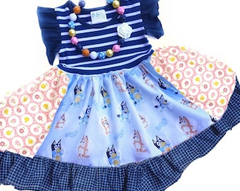 Bluey Dress, Bluey birthday outfit, toddler girls Bluey dresses, Bluey and Bingo dress, Bluey gift for girls 12 month 18 2 3 4 5 6 7 8 10