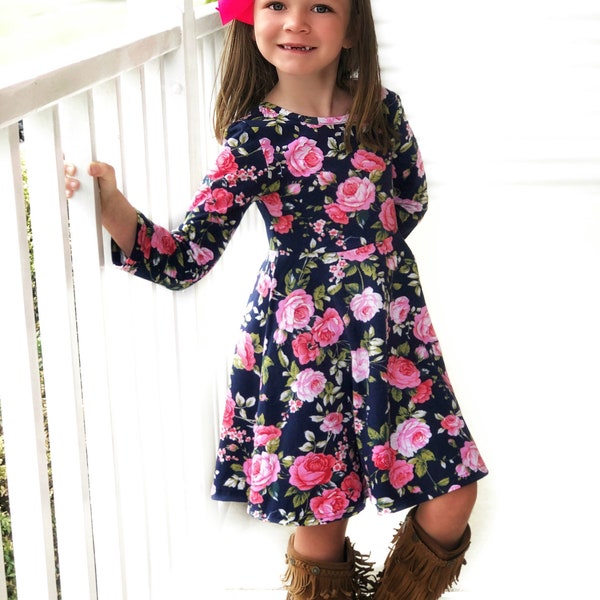 Girls Fall floral twirl dress, Fall dress, long sleeve portrait dress, Fall portrait dress, Ready to Ship, 12mo 18mo 2 3 4 5 6 7 8