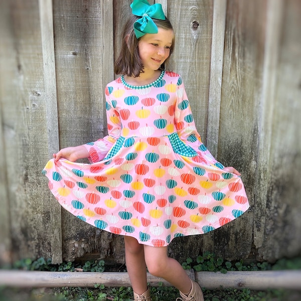 Girls Pumpkin dress, pink October dress, Thanksgiving dress, pink pumpkin long sleeve dress girls Fall portrait dress 12 18 2 3 4 5 6 7 8 10