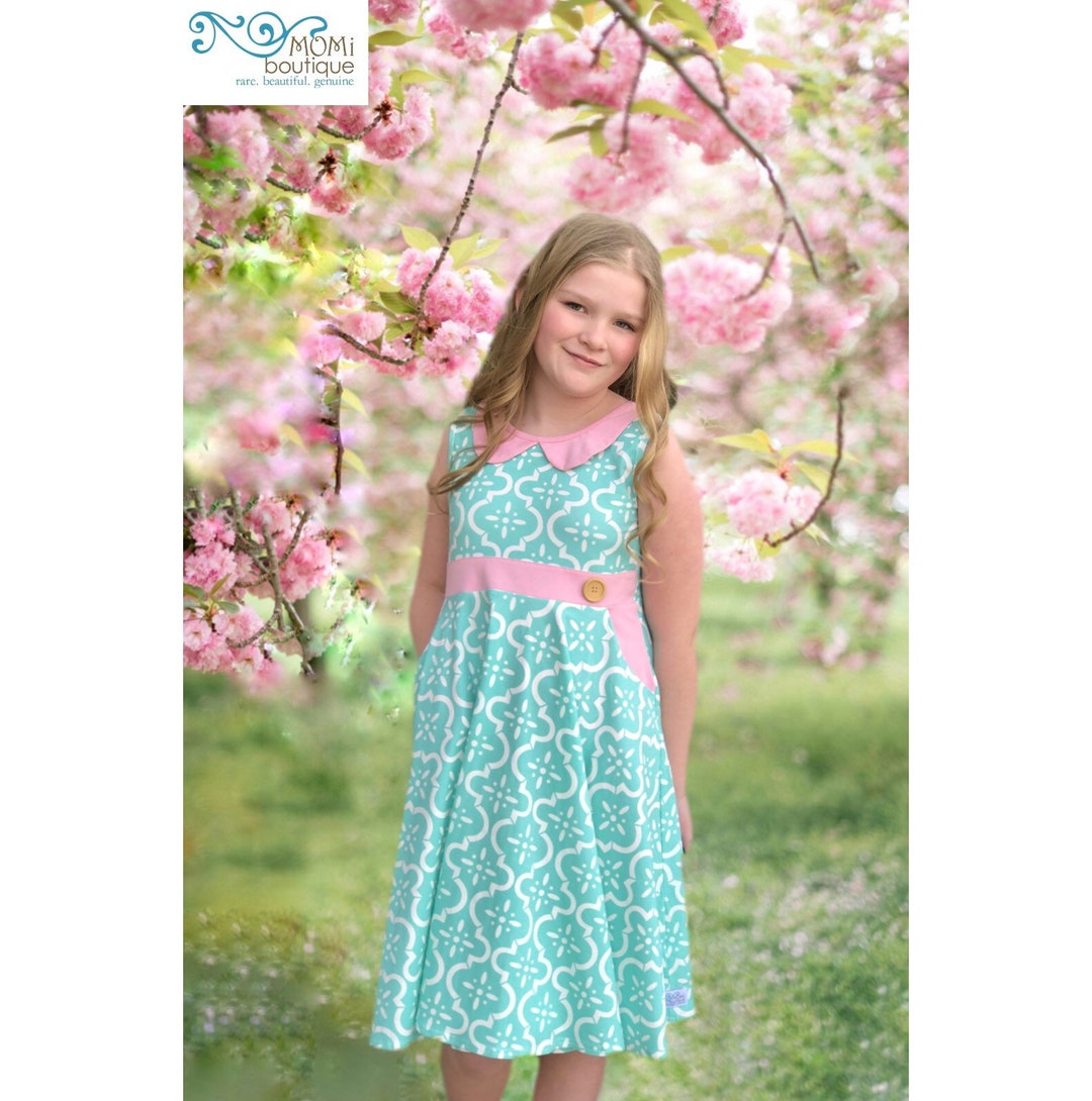 Girls Easter Dress Spring Summer Twirl Dress Pink Aqua Girls Easter