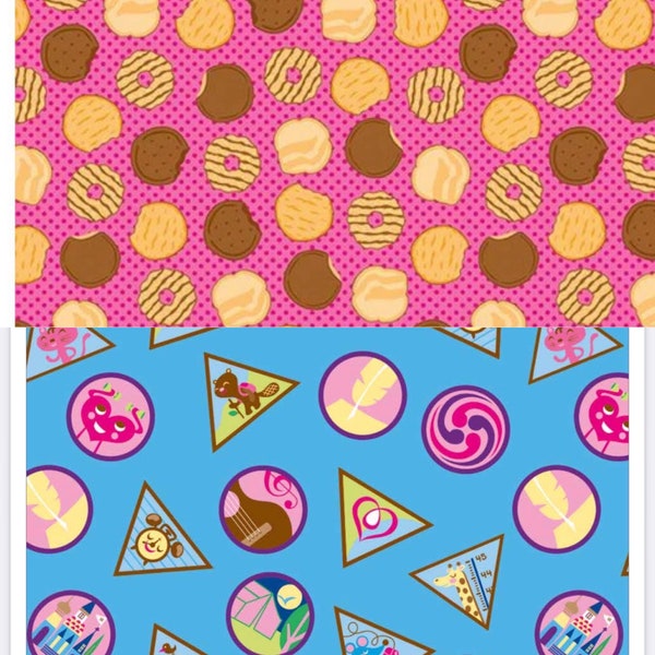 Girl Scout cookie fabric pink Riley Blake designs Rare OOP VHTF Girl Scout cotton fabric quilting material for Girl Scouts Blue Badges