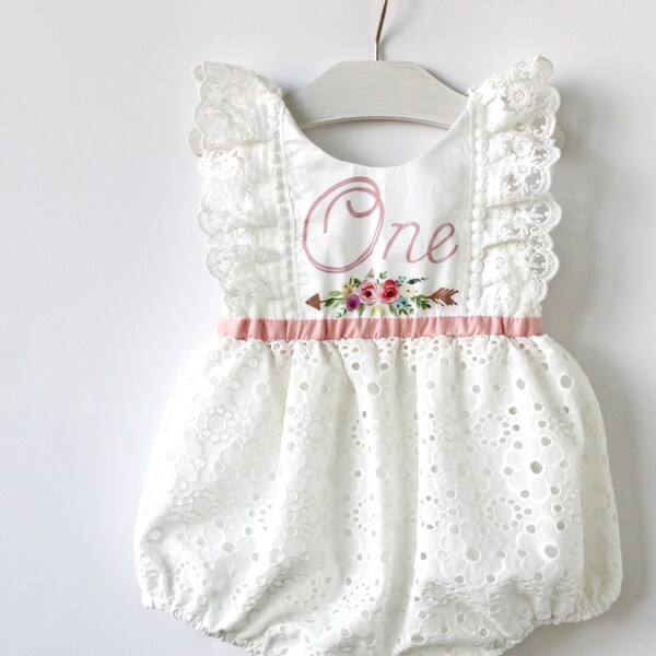 1st Birthday Romper, Baby's 1st Birthday Outfit, First Birthday Outfit, Birthday Romper, Off-White Romper, Eyelet Romper, Baby Girl Romper
