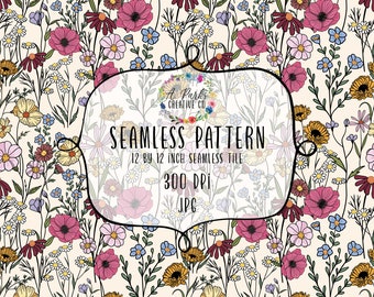 Bold Summer Flowers Plum and Sunflower digital repeat seamless pattern print for download paper, fabric and crafts