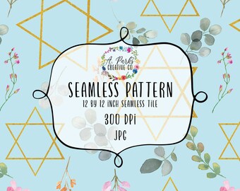 Star of David blue floral seamless repeat pattern jpeg digital download file for paper, fabric and crafts