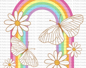 Rainbow Butterfly Daisy graphic art PNG digital download printable clipart for t-shirts personal and commercial use