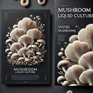 May include: A black and white poster with the text "Mushroom Liquid Culture" and a close-up image of oyster mushrooms. The mushrooms are arranged in a cluster and have a light brown color.