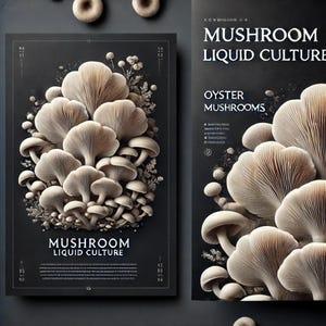 May include: A black and white poster with the text "Mushroom Liquid Culture" and a close-up image of oyster mushrooms. The mushrooms are arranged in a cluster and have a light brown color.