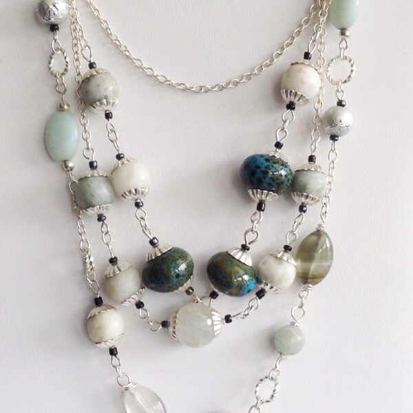 Multistrand Necklace. Aqua Blue Necklace. Jasper Necklace. Gemstone Necklace. Green Necklace. Statement Necklace. Chain Necklace.