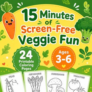 Peut inclure: Une couverture numérique pour un livre de coloriage imprimable intitulé 15 Minutes of Screen-Free Veggie Fun pour les 3-6 ans. Le fond jaune présente des légumes animés et quatre pages de coloriage montrant des pois, asperges, champignons et tomates.