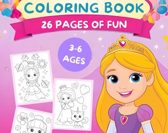 Princess Coloring Pages for Kids – Printable 26 PDF Instant Download Fairy Tale, Princess Pages , Fun Activity Book for Girls ,Preschool