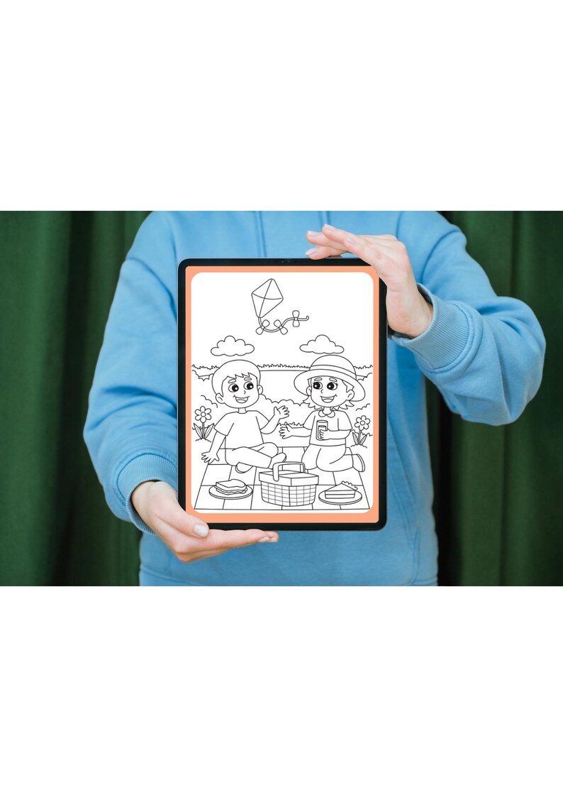 May include: Black and white line art illustration of two children having a picnic. The children are sitting on a checkered blanket with a picnic basket, sandwiches, and a piece of pie. A kite flies in the sky above them.