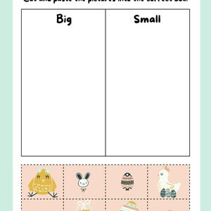 May include: Educational worksheet with the text "BIG OR SMALL?" and instructions to cut and paste pictures into the correct box. Features illustrations of Easter-themed objects like eggs, chicks, and baskets.
