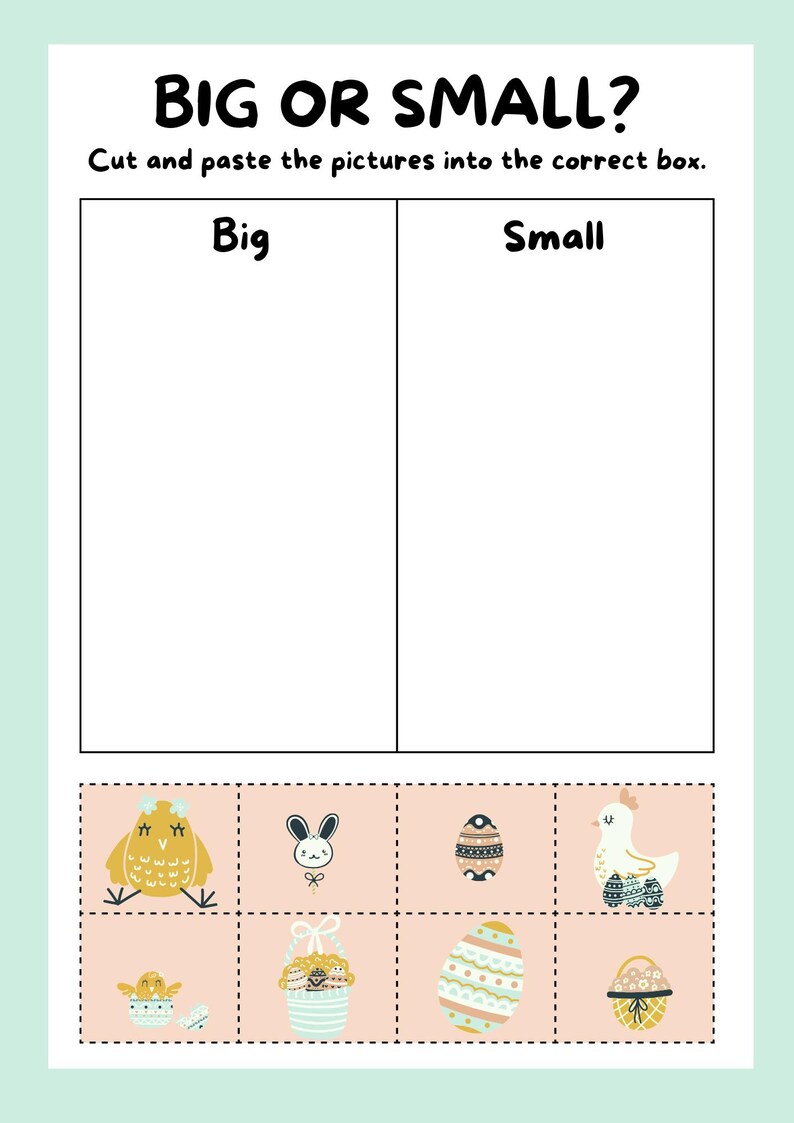 May include: Educational worksheet with the text "BIG OR SMALL?" and instructions to cut and paste pictures into the correct box. Features illustrations of Easter-themed objects like eggs, chicks, and baskets.