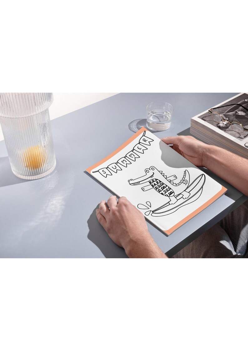May include: A black and white illustration of an alligator wearing a swimsuit and riding a surfboard. The illustration is on a white card with an orange border. The text "SUMMER" is written in a banner above the alligator.