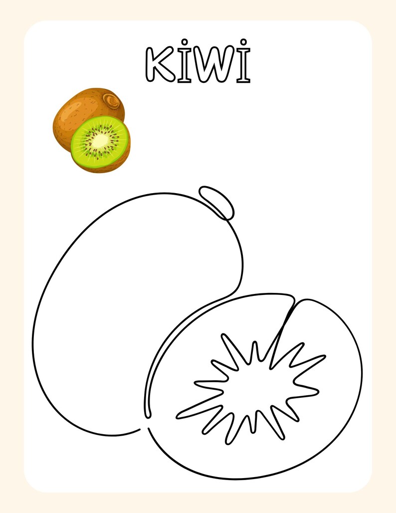Puede incluir: Un dibujo en blanco y negro de una fruta de kiwi. La palabra "kiwi" est&aacute; escrita encima de la fruta en negro.