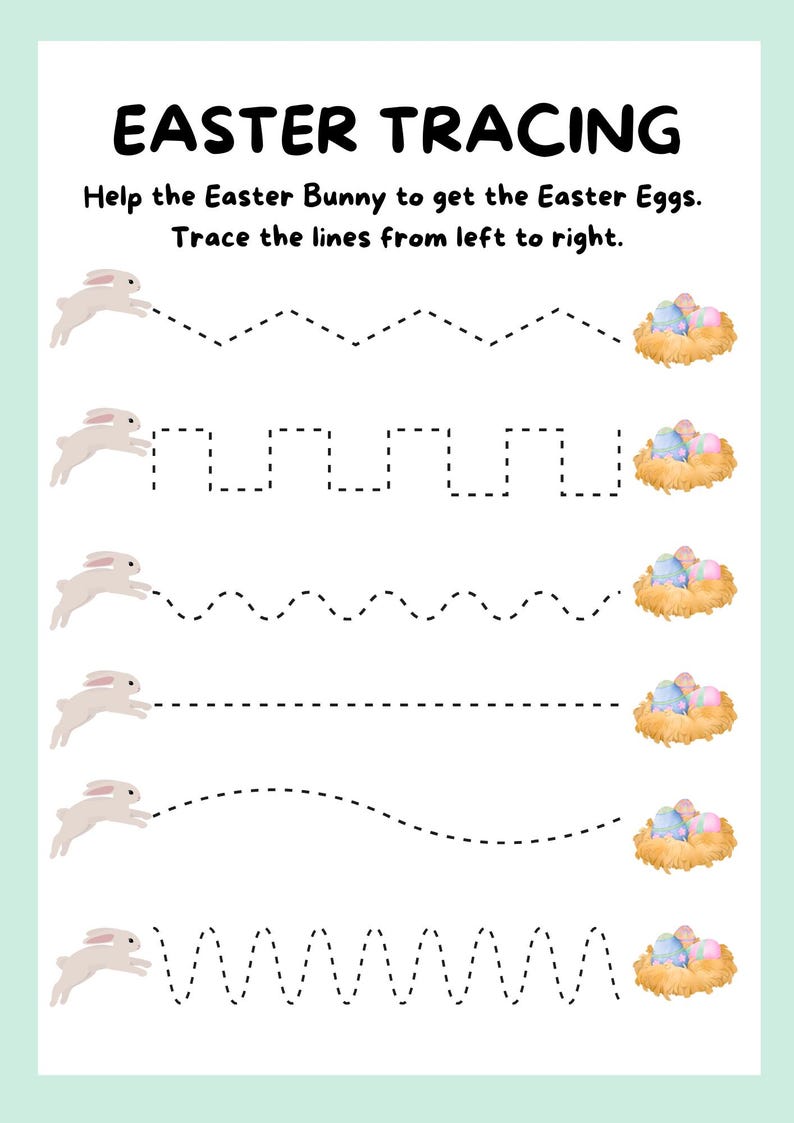 May include: A printable Easter-themed activity sheet with the text "EASTER TRACING". The sheet features illustrations of bunnies, dotted lines, and nests with colorful eggs. The instructions read, "Help the Easter Bunny to get the Easter Eggs. Trace the lines from left to right."