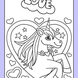 May include: A black and white coloring page featuring a unicorn inside a heart with stars and the word "LOVE" in a cloud above.