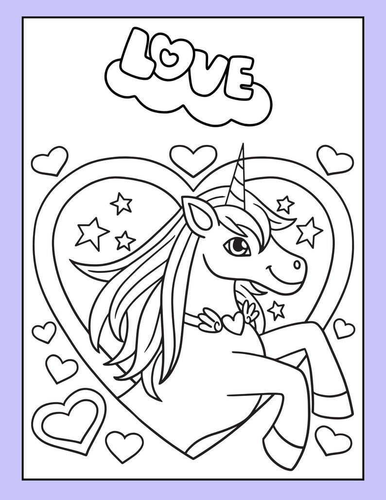 May include: A black and white coloring page featuring a unicorn inside a heart with stars and the word "LOVE" in a cloud above.