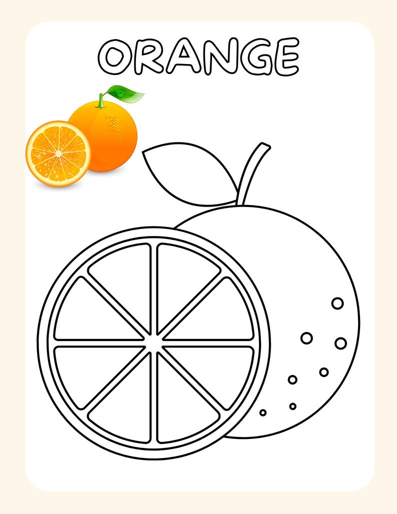Puede incluir: Un dibujo en blanco y negro de una naranja. La palabra "ORANGE" est&aacute; escrita encima de la fruta.