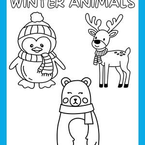 Peut inclure: Une page &agrave; colorier en noir et blanc repr&eacute;sentant trois animaux d'hiver : un pingouin portant une &eacute;charpe et un chapeau, un renne portant une &eacute;charpe et un ours portant une &eacute;charpe. Le titre de la page est "ANIMAUX D'HIVER".