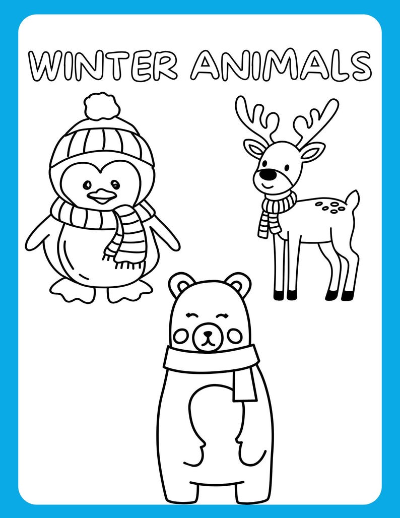 Peut inclure: Une page &agrave; colorier en noir et blanc repr&eacute;sentant trois animaux d'hiver : un pingouin portant une &eacute;charpe et un chapeau, un renne portant une &eacute;charpe et un ours portant une &eacute;charpe. Le titre de la page est "ANIMAUX D'HIVER".