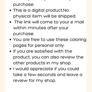 Puede incluir: Texto sobre un fondo blanco con texto negro que explica que la compra es un producto digital y se entregar&aacute; por correo electr&oacute;nico. El texto tambi&eacute;n menciona que el producto es solo para uso personal y anima a los clientes a dejar una rese&ntilde;a.