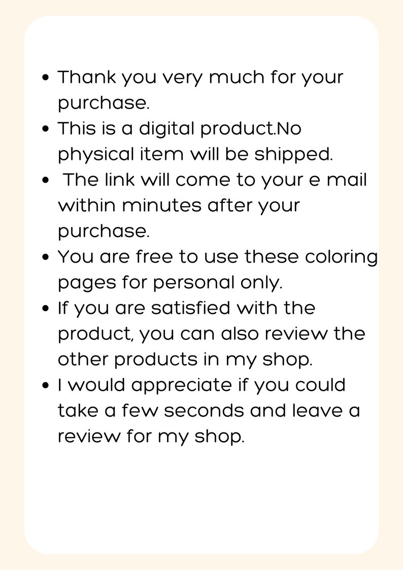 Puede incluir: Texto sobre un fondo blanco con texto negro que explica que la compra es un producto digital y se entregar&aacute; por correo electr&oacute;nico. El texto tambi&eacute;n menciona que el producto es solo para uso personal y anima a los clientes a dejar una rese&ntilde;a.