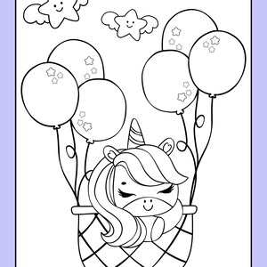 May include: A black and white line drawing of a unicorn sleeping in a basket attached to a bunch of balloons. The unicorn has a horn, closed eyes, and a smile. There are stars with wings above the balloons.