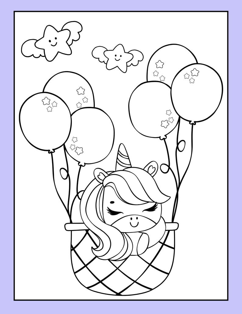 May include: A black and white line drawing of a unicorn sleeping in a basket attached to a bunch of balloons. The unicorn has a horn, closed eyes, and a smile. There are stars with wings above the balloons.