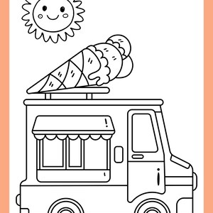 May include: A black and white line drawing of an ice cream truck with a smiling sun and a cone of ice cream on top. The truck has a window and a door.