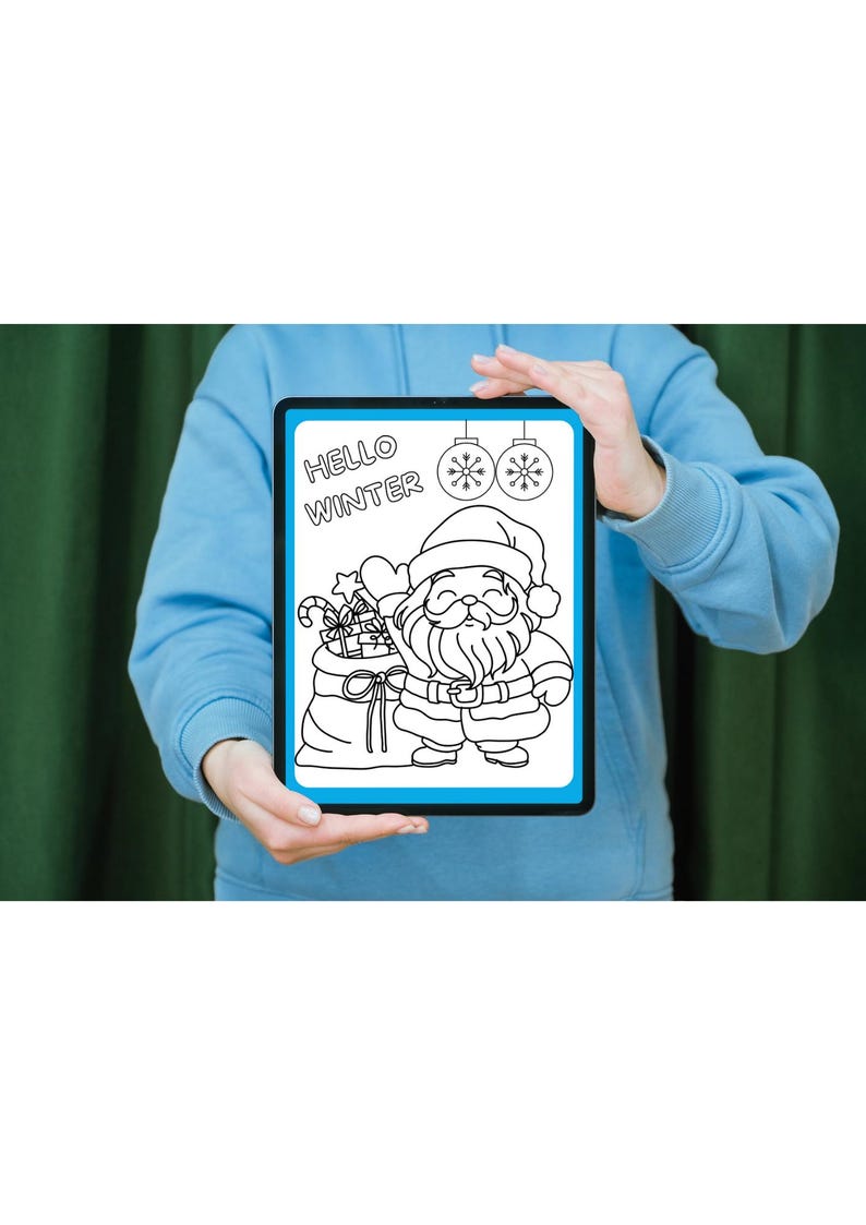Peut inclure: Une page &agrave; colorier imprimable en noir et blanc repr&eacute;sentant le P&egrave;re No&euml;l tenant un sac de cadeaux. Le texte "HELLO WINTER" est en haut de la page.