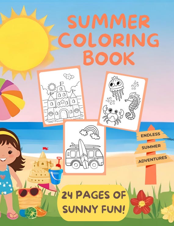 Summer Coloring Pages for Kids | 24 Printable Beach, Ice Cream , Sunshine Pages | Easy & Cute Seasonal Preschool Summer Activities for kids