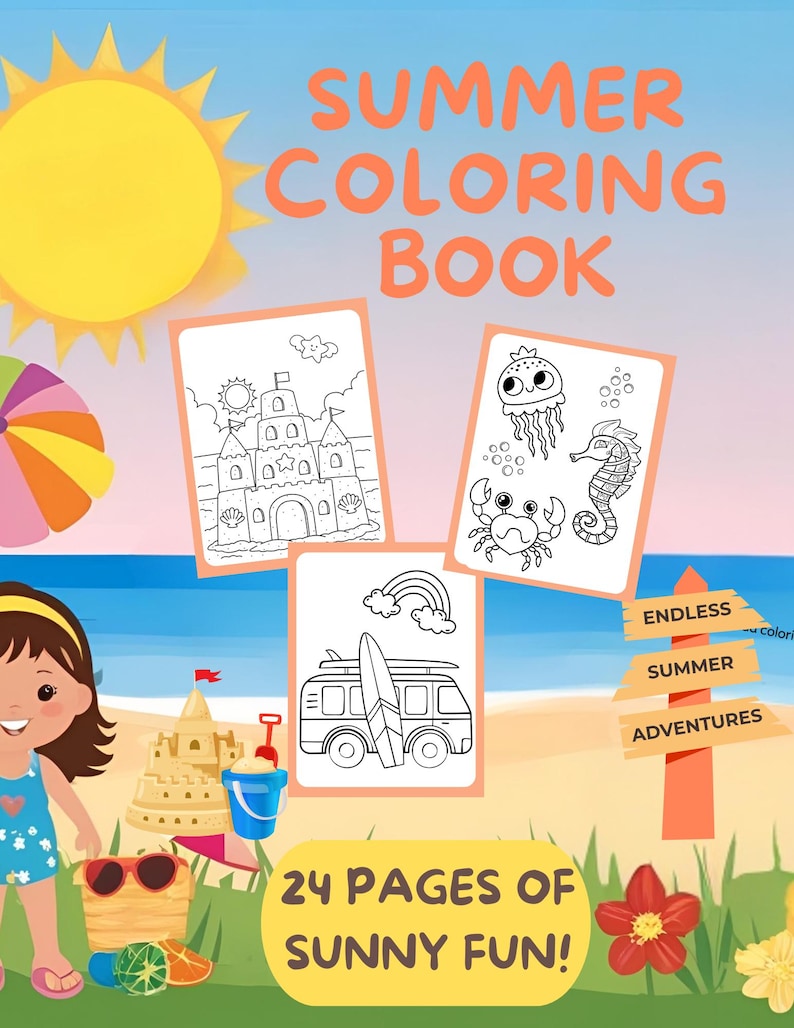 Summer Coloring Pages for Kids | 24 Printable Beach, Ice Cream , Sunshine Pages | Easy & Cute Seasonal Preschool Summer Activities for kids image 1