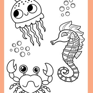 May include: Black and white line art illustration of a jellyfish, a seahorse, and a crab. The jellyfish has a round head with large eyes and a smiling mouth. The seahorse has a long, curved body with a fin on its back. The crab has a round body with two large claws and eight legs.