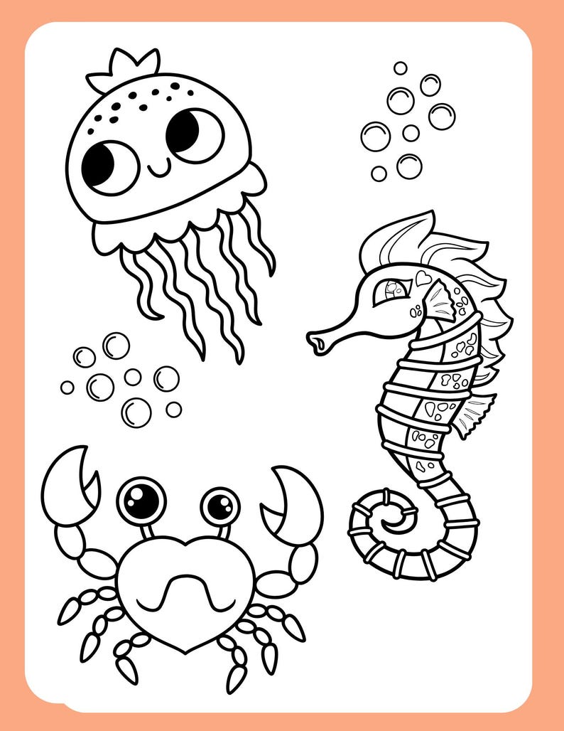 May include: Black and white line art illustration of a jellyfish, a seahorse, and a crab. The jellyfish has a round head with large eyes and a smiling mouth. The seahorse has a long, curved body with a fin on its back. The crab has a round body with two large claws and eight legs.