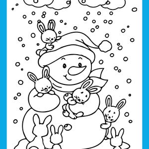 Peut inclure: Un dessin au trait noir et blanc d'un bonhomme de neige portant un chapeau et une &eacute;charpe. Cinq lapins entourent le bonhomme de neige, certains sont assis sur le bonhomme de neige et d'autres sont debout sur le sol. L'arri&egrave;re-plan est une sc&egrave;ne enneig&eacute;e avec des nuages.