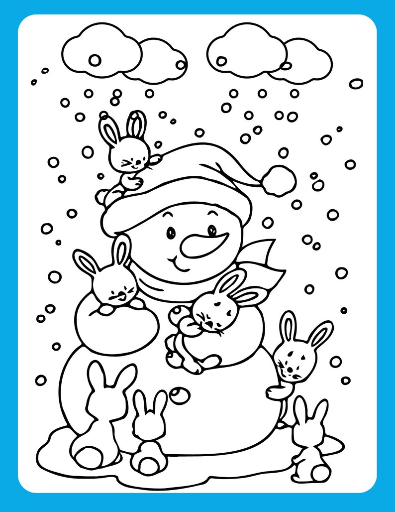 Peut inclure: Un dessin au trait noir et blanc d'un bonhomme de neige portant un chapeau et une &eacute;charpe. Cinq lapins entourent le bonhomme de neige, certains sont assis sur le bonhomme de neige et d'autres sont debout sur le sol. L'arri&egrave;re-plan est une sc&egrave;ne enneig&eacute;e avec des nuages.