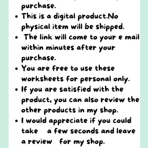 May include: Text on a light green background. The text includes a thank you message, information about a digital product, and a request for a review. The text is in black and the background is light green.