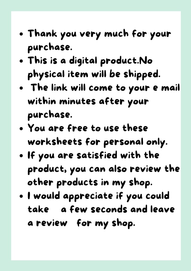 May include: Text on a light green background. The text includes a thank you message, information about a digital product, and a request for a review. The text is in black and the background is light green.