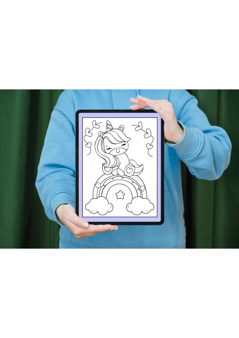 May include: A black and white printable coloring page featuring a unicorn sitting on a rainbow with clouds and a star.