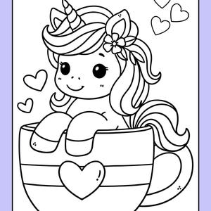 May include: A black and white line drawing of a unicorn sitting in a teacup. The unicorn has a flower in its hair and a horn. There are hearts around the unicorn.