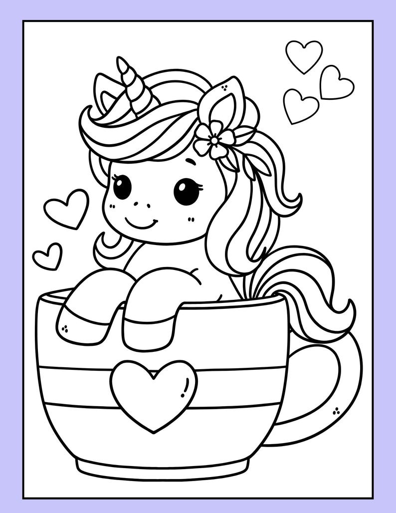 May include: A black and white line drawing of a unicorn sitting in a teacup. The unicorn has a flower in its hair and a horn. There are hearts around the unicorn.