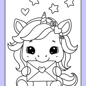 May include: A black and white line drawing of a unicorn holding a heart-shaped envelope. The unicorn has a horn, a mane, and a tail. There are stars and hearts in the background.