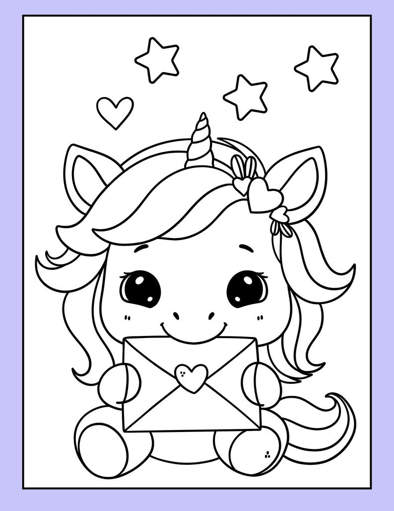 May include: A black and white line drawing of a unicorn holding a heart-shaped envelope. The unicorn has a horn, a mane, and a tail. There are stars and hearts in the background.
