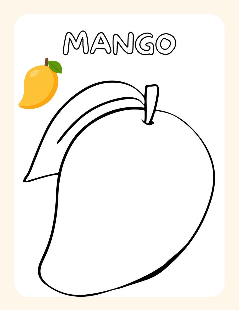 Puede incluir: Un dibujo en blanco y negro de un mango. La palabra "MANGO" est&aacute; escrita en negro en la parte superior de la imagen.