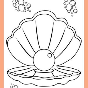 May include: A black and white line drawing of an open seashell with a pearl inside. There are small circles around the shell, representing bubbles.