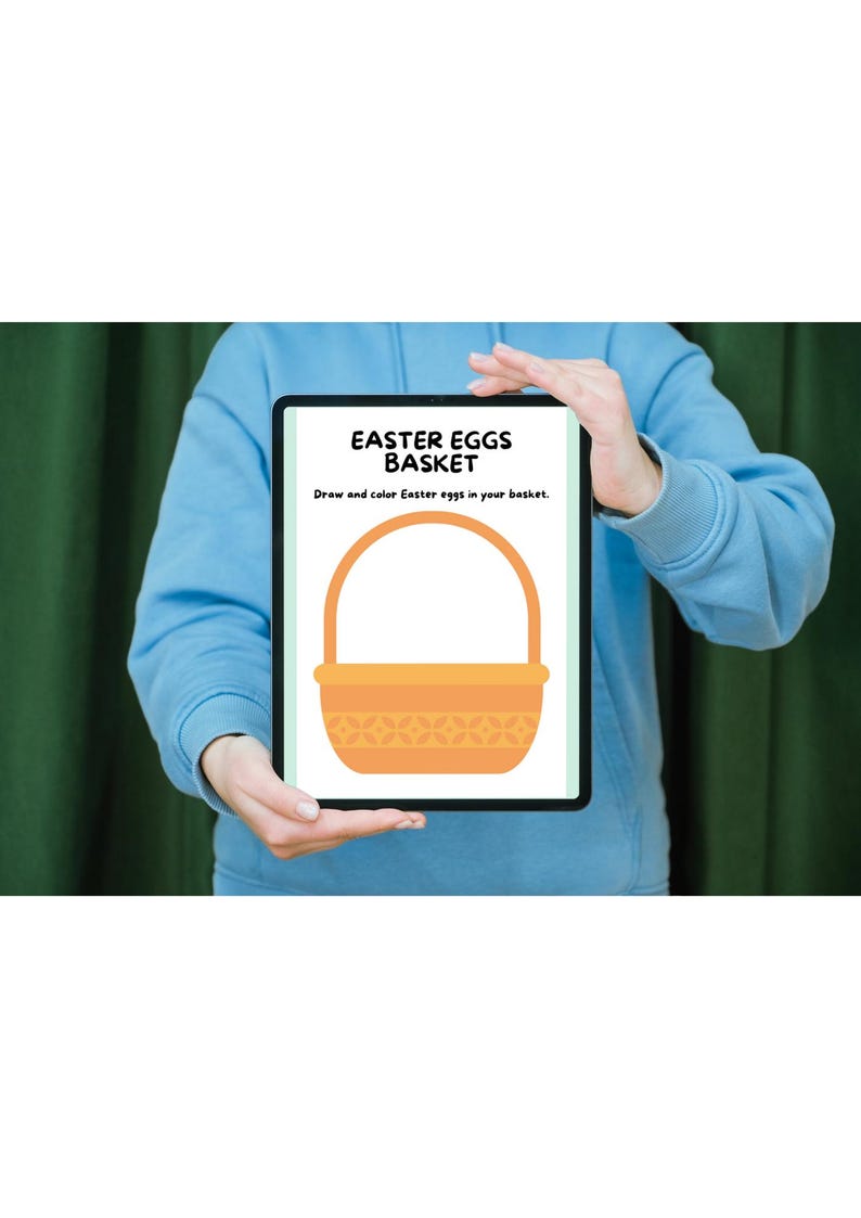 May include: A tablet displays an Easter-themed coloring page. The page features an orange basket with a handle, and the text "EASTER EGGS BASKET" above the image. Below the image, the text reads, "Draw and color Easter eggs in your basket."